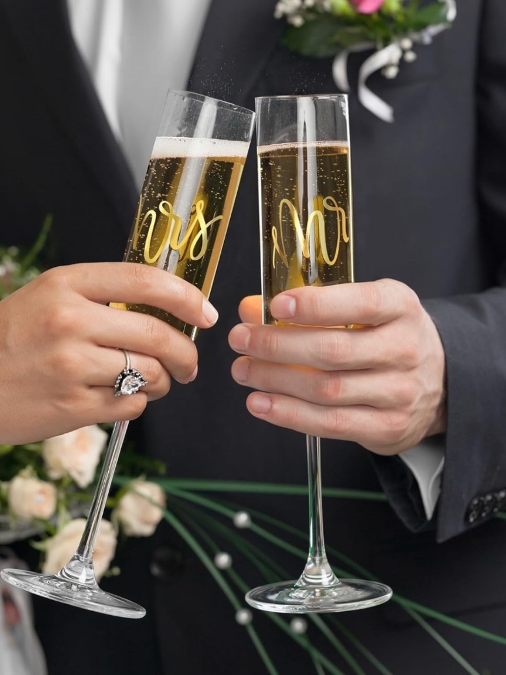 AW BRIDAL Mr and Mrs Champagne Flutes Set of 2, Engagement Bridal Shower Gifts